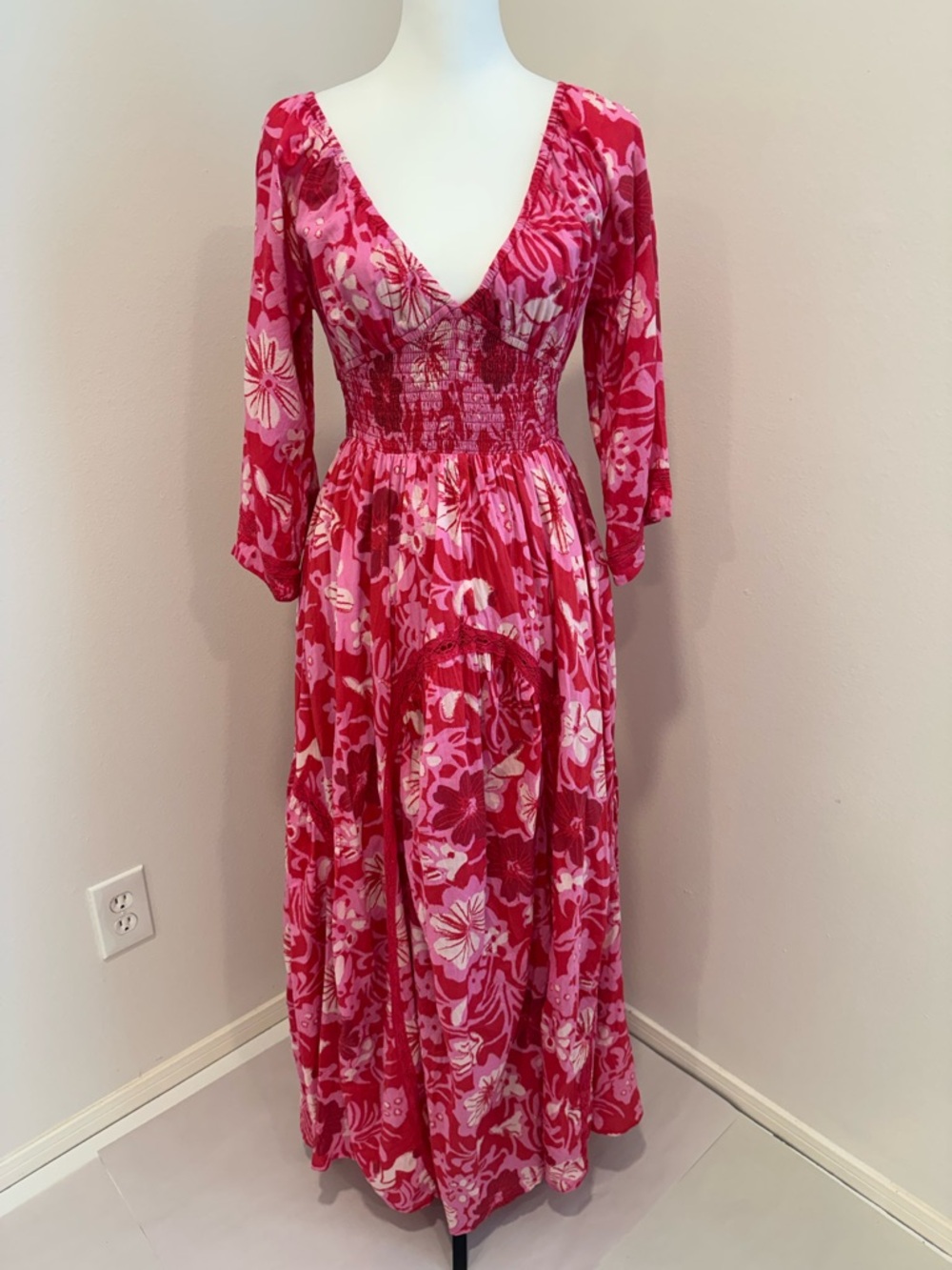 Free People Dixie Maxi Dress Ruby Combo Floral Smocked Resort Vacation Small